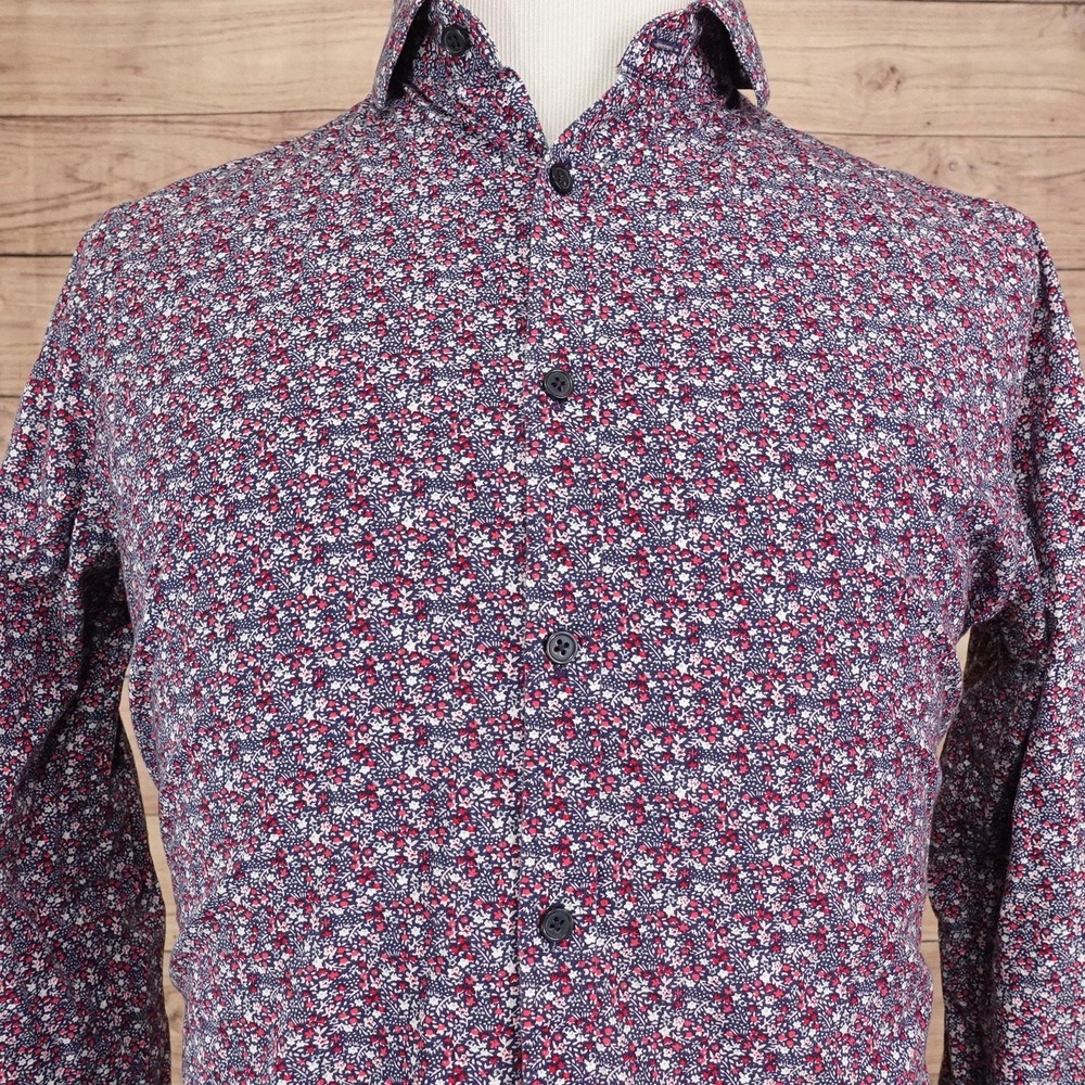 Express Shirt Mens M Blue Floral Long Sleeve Button-Up Slim Fit Cotton